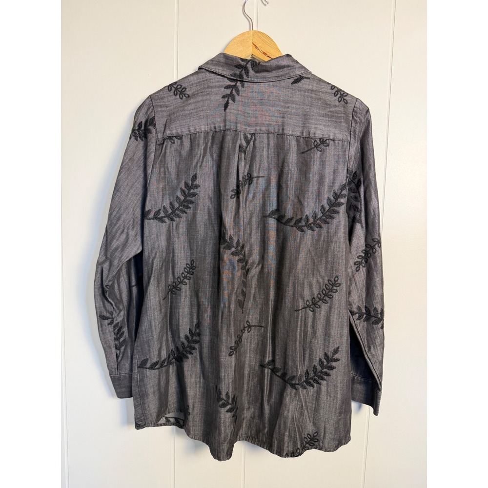 Soft Surroundings Button Down PM Gray Embroidered Leaf Tencel Tunic 3CV85 - Picture 7 of 8